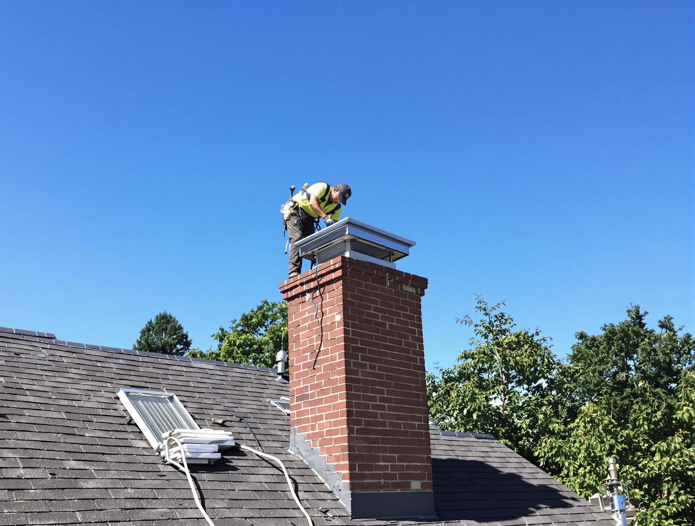 Helena Chimney Sweep technician measuring a chimney cap in Helena, AL